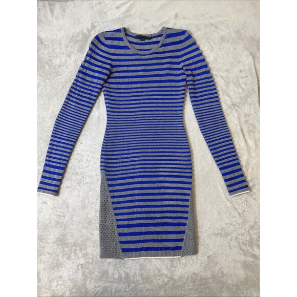 Alexander Wang XS Blue Gray Striped Knit Long Sleeve Fitted Sweater Dress Mini - Picture 1 of 12